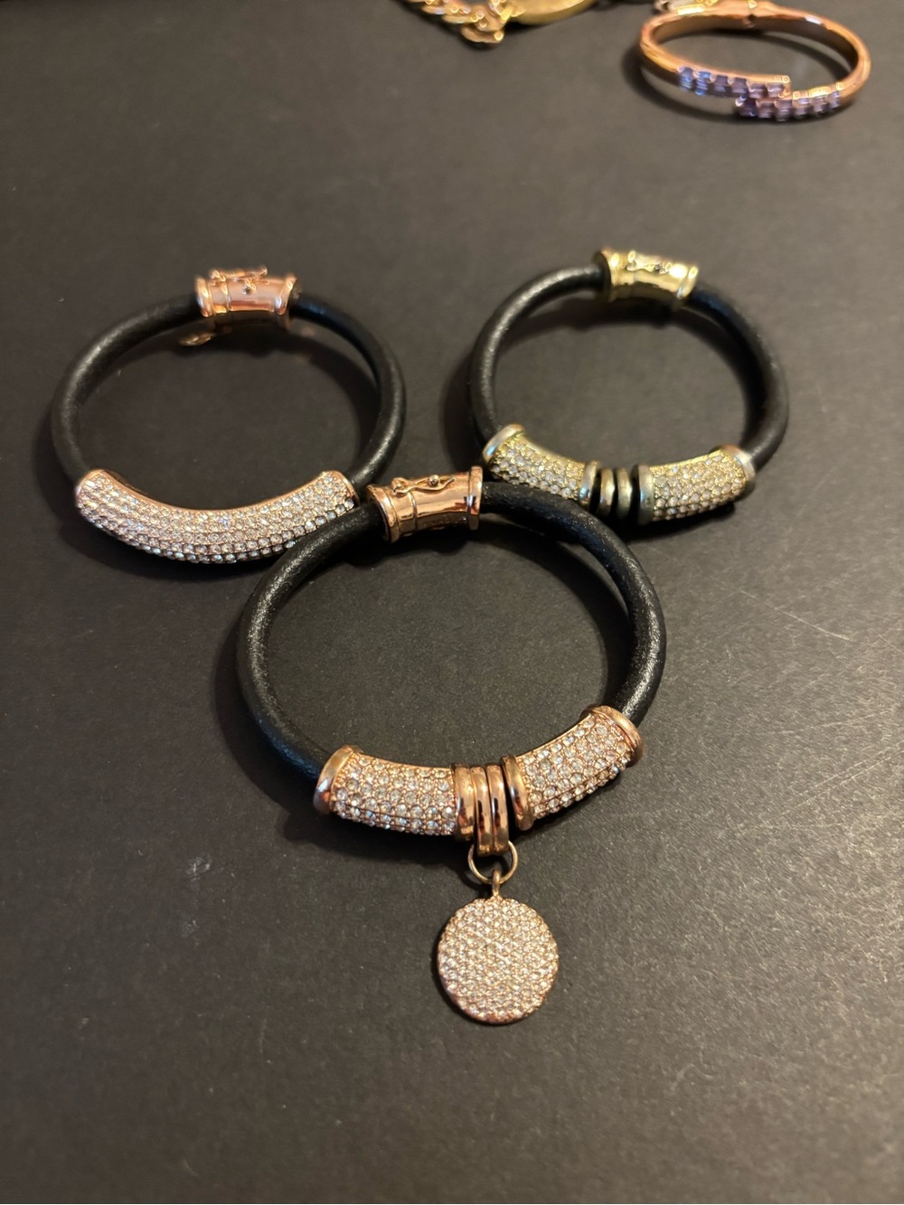 JB Hallmark Crystal Pavé Black Leather Bracelet Lot of 3 Rose Gold Tone Magnetic